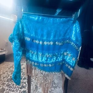 Teal Belly Dance Hip Scarf with Silver Coins